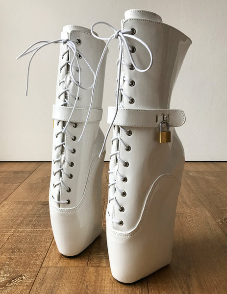 18cm LOCKY Beginner Lockable Ballet Wedge Boots Hoof Heelless Fetish Pinup White Patent