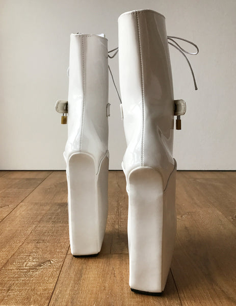 18cm LOCKY Beginner Lockable Ballet Wedge Boots Hoof Heelless Fetish Pinup White Patent