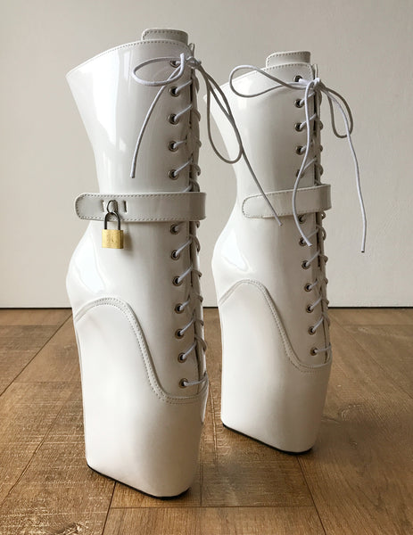 18cm LOCKY Beginner Lockable Ballet Wedge Boots Hoof Heelless Fetish Pinup White Patent
