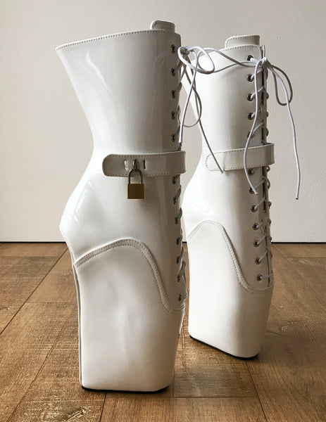 18cm LOCKY Beginner Lockable Ballet Wedge Boots Hoof Heelless Fetish Pinup White Patent