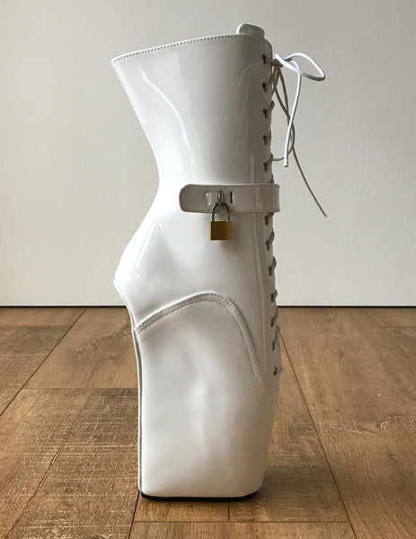 18cm LOCKY Beginner Lockable Ballet Wedge Boots Hoof Heelless Fetish Pinup White Patent