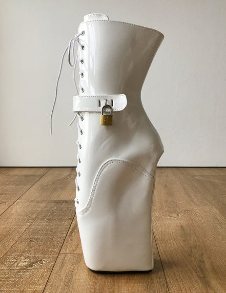 18cm LOCKY Beginner Lockable Ballet Wedge Boots Hoof Heelless Fetish Pinup White Patent