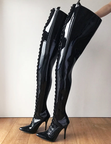 RTBU LULU Crotch Hi Hard Shaft Laceup 18cm Stiletto Boots Black Patent