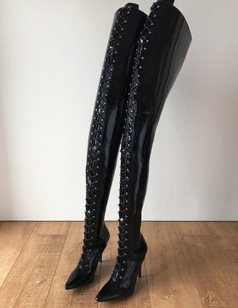 RTBU LULU Crotch Hi Hard Shaft Laceup 18cm Stiletto Boots Black Patent