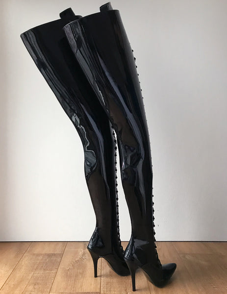 RTBU LULU Crotch Hi Hard Shaft Laceup 18cm Stiletto Boots Black Patent
