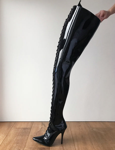 RTBU LULU Crotch Hi Hard Shaft Laceup 18cm Stiletto Boots Black Patent