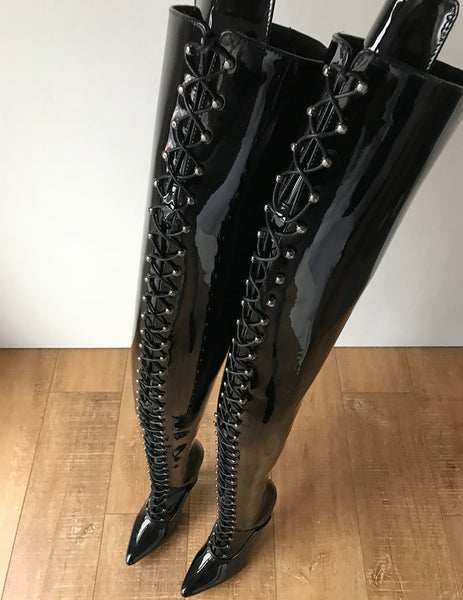 RTBU LULU Crotch Hi Hard Shaft Laceup 18cm Stiletto Boots Black Patent