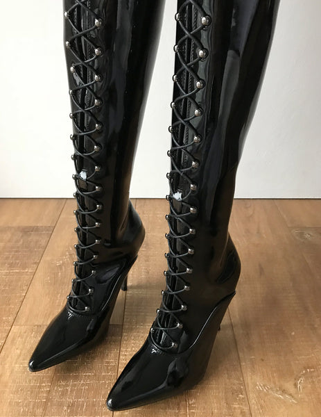 RTBU LULU Crotch Hi Hard Shaft Laceup 18cm Stiletto Boots Black Patent