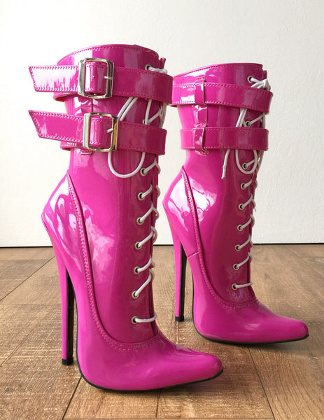 Maid II 18cm 7" Stiletto Heel Fetish 2 Buckle Strap Patent Hot Pink Calf Boots