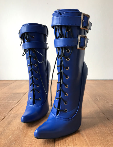 MAID'S (w/ Zip) 18cm Stiletto Fetish Boot Double Wrap Buckle Strap Matte Blue