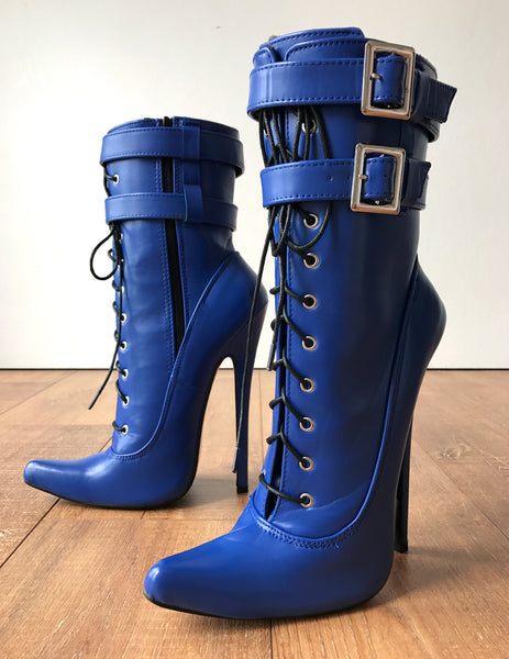 MAID'S (w/ Zip) 18cm Stiletto Fetish Boot Double Wrap Buckle Strap Matte Blue