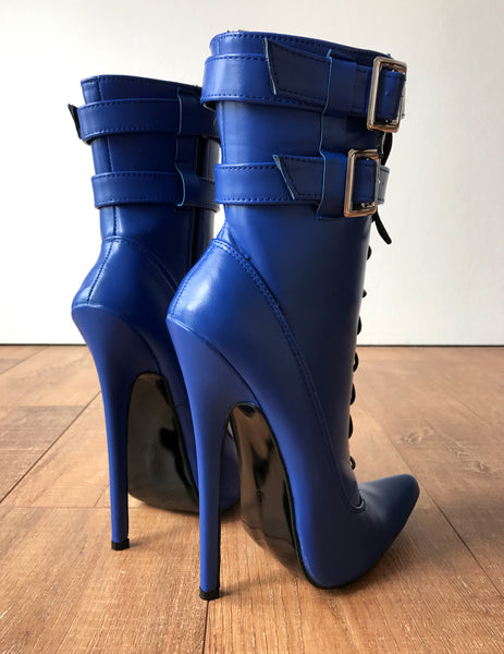 MAID'S (w/ Zip) 18cm Stiletto Fetish Boot Double Wrap Buckle Strap Matte Blue