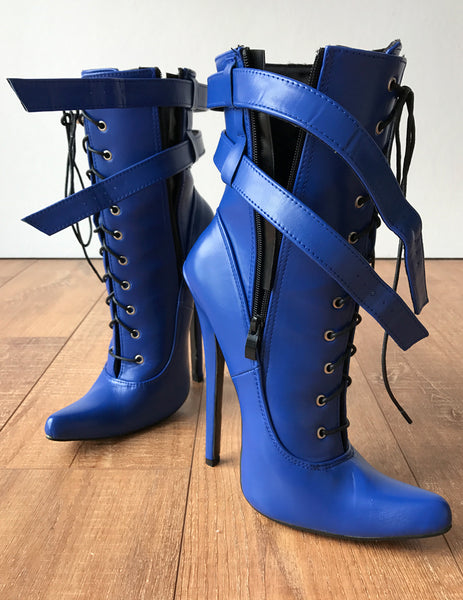 MAID'S (w/ Zip) 18cm Stiletto Fetish Boot Double Wrap Buckle Strap Matte Blue