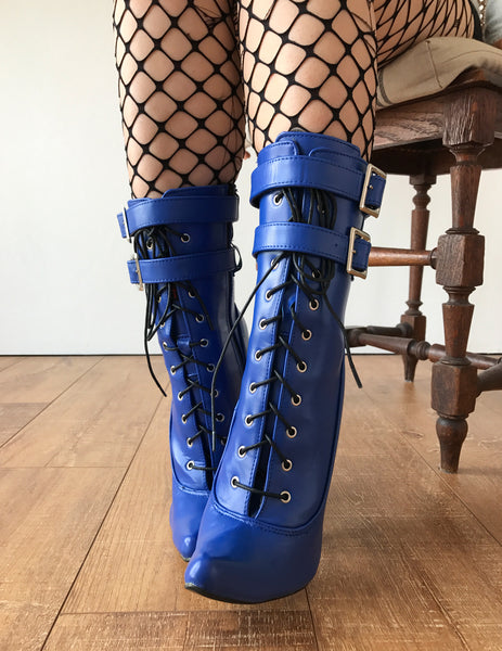 MAID'S (w/ Zip) 18cm Stiletto Fetish Boot Double Wrap Buckle Strap Matte Blue