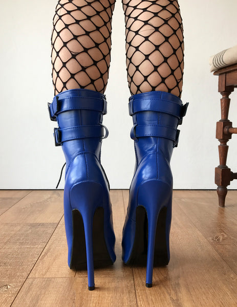 MAID'S (w/ Zip) 18cm Stiletto Fetish Boot Double Wrap Buckle Strap Matte Blue