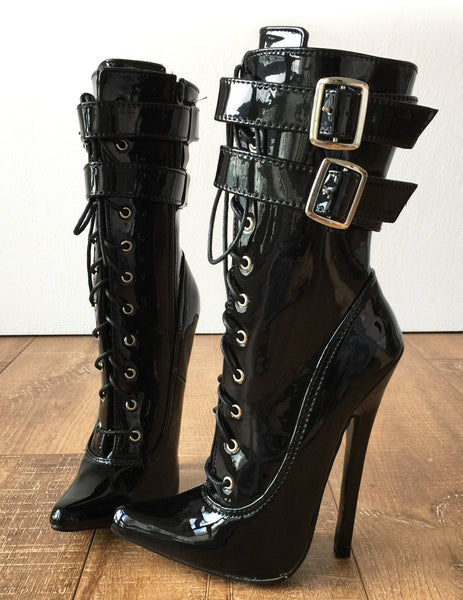 MAID'S II 18cm Stiletto Fetish Boots 2 Wrap Buckle Strap Patent Black