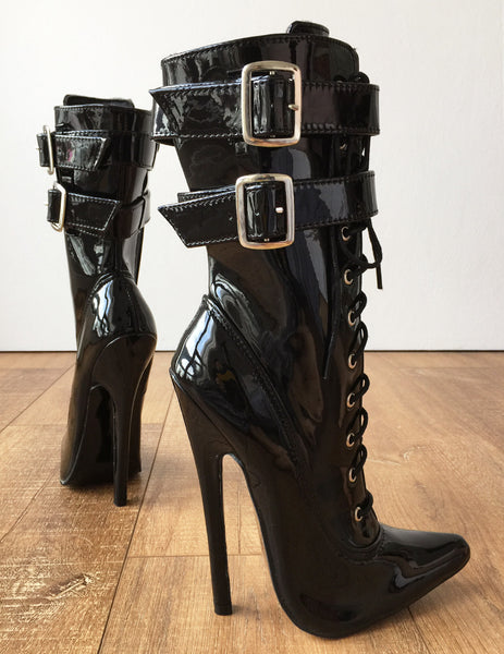 MAID'S II 18cm Stiletto Fetish Boots 2 Wrap Buckle Strap Patent Black