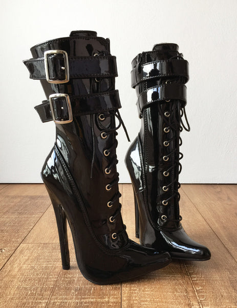 MAID'S II 18cm Stiletto Fetish Boots 2 Wrap Buckle Strap Patent Black