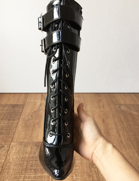 MAID'S II 18cm Stiletto Fetish Boots 2 Wrap Buckle Strap Patent Black