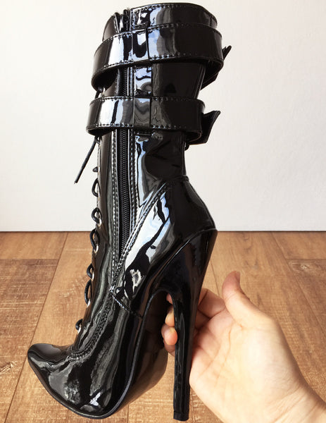 MAID'S II 18cm Stiletto Fetish Boots 2 Wrap Buckle Strap Patent Black