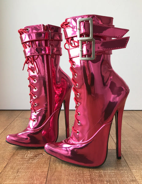 MAID'S (w/ Zip) 18cm Stiletto Fetish Boot Double Wrap Buckle Strap Pink Metallic