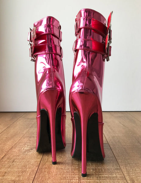 MAID'S (w/ Zip) 18cm Stiletto Fetish Boot Double Wrap Buckle Strap Pink Metallic