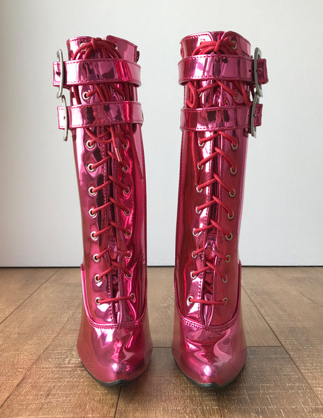 MAID'S (w/ Zip) 18cm Stiletto Fetish Boot Double Wrap Buckle Strap Pink Metallic