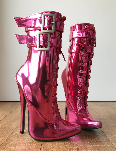 MAID'S (w/ Zip) 18cm Stiletto Fetish Boot Double Wrap Buckle Strap Pink Metallic