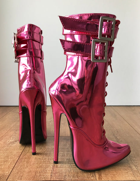 MAID'S (w/ Zip) 18cm Stiletto Fetish Boot Double Wrap Buckle Strap Pink Metallic