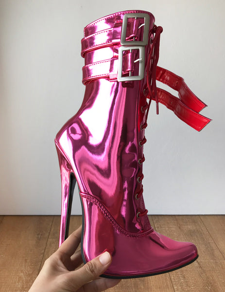 MAID'S (w/ Zip) 18cm Stiletto Fetish Boot Double Wrap Buckle Strap Pink Metallic