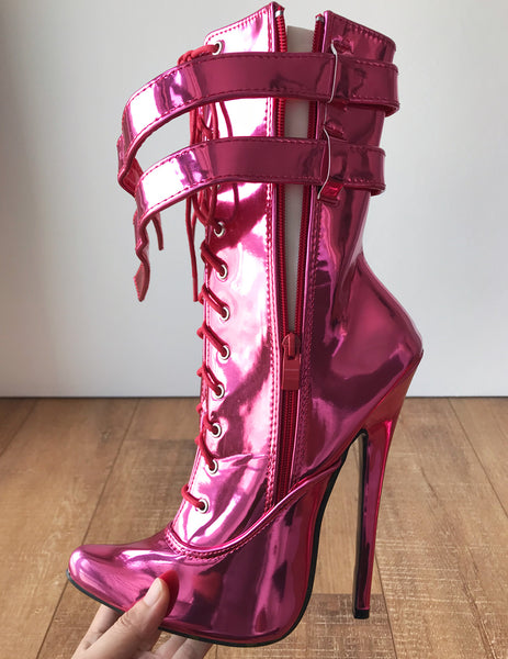 MAID'S (w/ Zip) 18cm Stiletto Fetish Boot Double Wrap Buckle Strap Pink Metallic