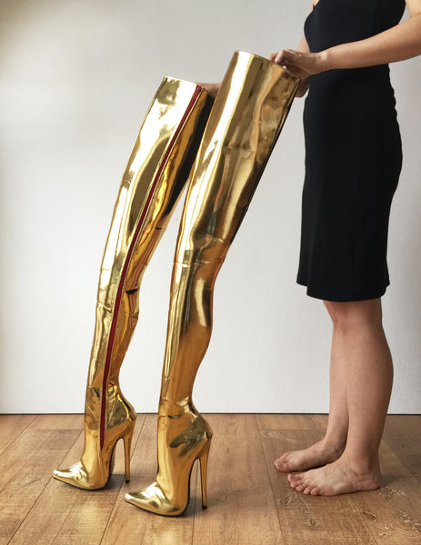 RTBU MAQ Hard Shaft Customized Crotch Hi 18cm Stiletto Boot Gold Metallic