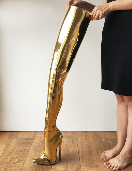 RTBU MAQ Hard Shaft Customized Crotch Hi 18cm Stiletto Boot Gold Metallic
