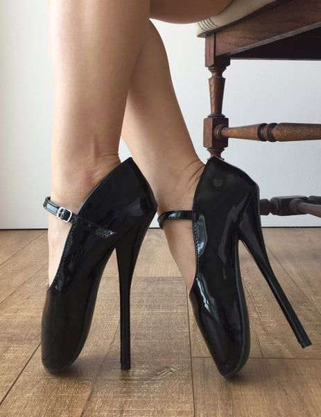 RTBU Mariah Burlesque strap Mary Janes Fetish Ballet Pump stiletto Black Patent