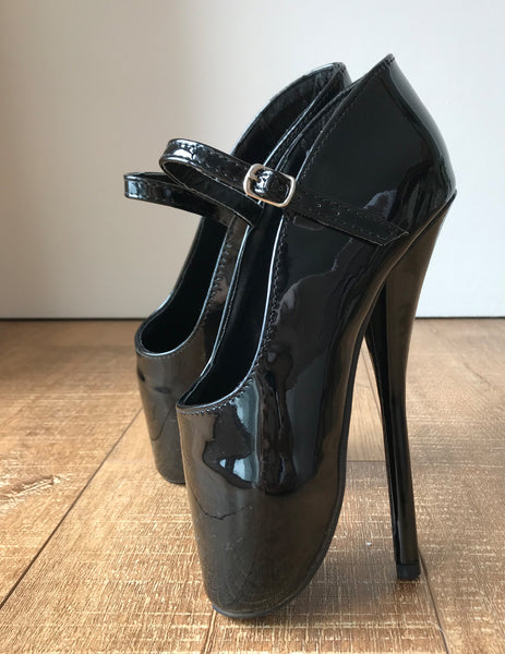 RTBU Mariah Burlesque strap Mary Janes Fetish Ballet Pump stiletto Black Patent