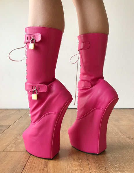 MYLA Heavy Hoof Sole Heelless Mid-Calf Boots Custom Made Hot Pink Matte