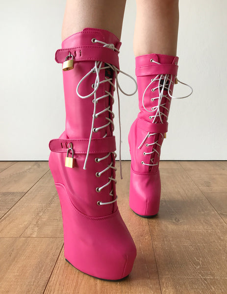 MYLA Heavy Hoof Sole Heelless Mid-Calf Boots Custom Made Hot Pink Matte