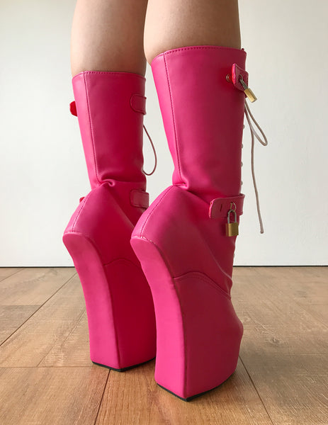 MYLA Heavy Hoof Sole Heelless Mid-Calf Boots Custom Made Hot Pink Matte