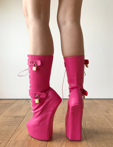 MYLA Heavy Hoof Sole Heelless Mid-Calf Boots Custom Made Hot Pink Matte