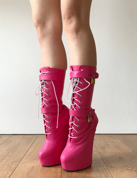 MYLA Heavy Hoof Sole Heelless Mid-Calf Boots Custom Made Hot Pink Matte