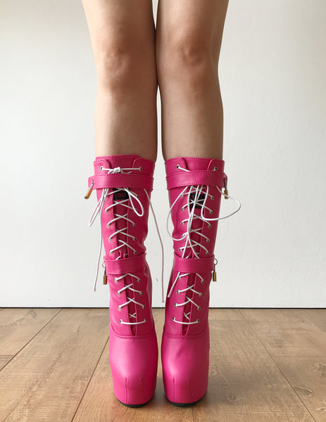 MYLA Heavy Hoof Sole Heelless Mid-Calf Boots Custom Made Hot Pink Matte