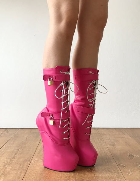 MYLA Heavy Hoof Sole Heelless Mid-Calf Boots Custom Made Hot Pink Matte