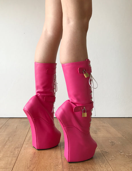 MYLA Heavy Hoof Sole Heelless Mid-Calf Boots Custom Made Hot Pink Matte