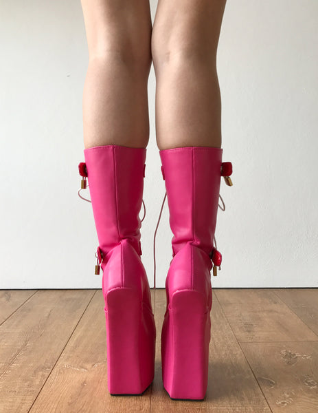 MYLA Heavy Hoof Sole Heelless Mid-Calf Boots Custom Made Hot Pink Matte