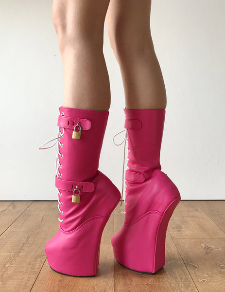 MYLA Heavy Hoof Sole Heelless Mid-Calf Boots Custom Made Hot Pink Matte