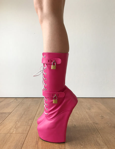 MYLA Heavy Hoof Sole Heelless Mid-Calf Boots Custom Made Hot Pink Matte