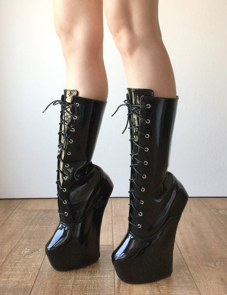 MYLI Heavy Hoof Sole Heelless Mid-Calf Boots Custom Made to Order Black Patent