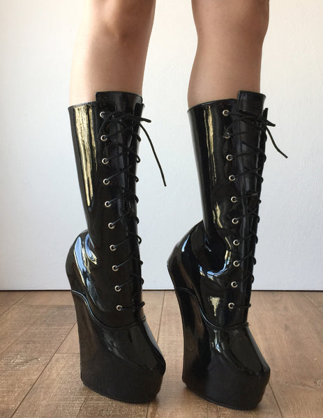 MYLI Heavy Hoof Sole Heelless Mid-Calf Boots Custom Made to Order Black Patent