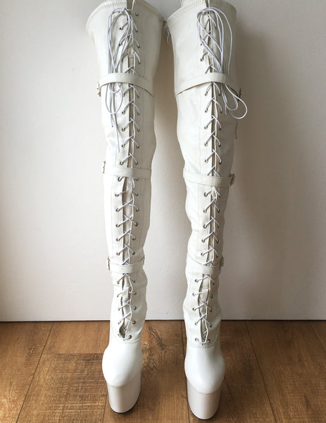 TATIANA 20cm Platform Hi Heel Fetish Crotch Hi Buckle Strap Boots White Matte