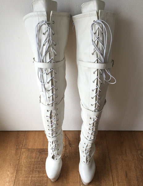 TATIANA 20cm Platform Hi Heel Fetish Crotch Hi Buckle Strap Boots White Matte